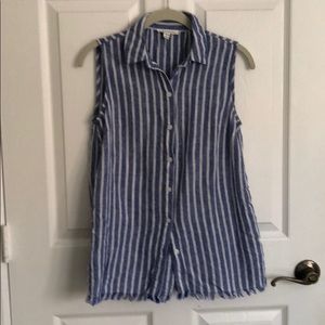 Blue linen stripes button up shirt